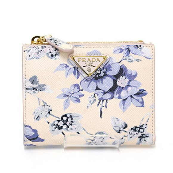 PRADA Accessories - Prada Saffiano Leather Flower Print Bi-fold Wallet Ivory/Light Blue 1ML050 F-...